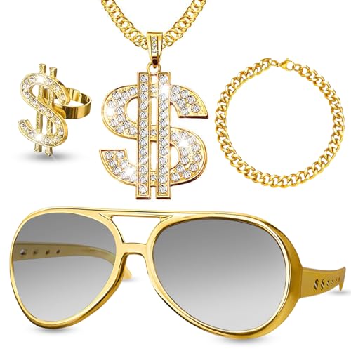 Zuhälter Kostüm Set, 4 Stück Hip Hop Kostüm Set, Dekorative Hip-Hop-Punk-Accessoires – Goldene Sonnenbrille/Dollar Kette/Armbänder/Ringe, 70er 80er 90er Jahre Accessoires, Karnevalsparty-Zubehör von Leonshco