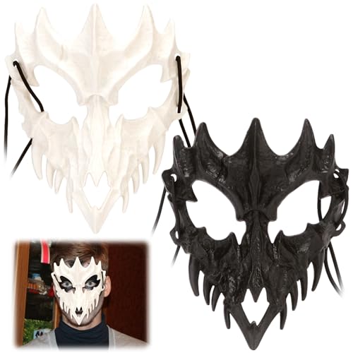 Japanische Halloween Maske, 2 Stück Drachen Gott Cosplay Skull Mask, Schwarz Weiß Halbgesichts Terrifier Maske, Anime Maske Therian Mask Lustige Masken, Halloween Kostüm Party Dekorationsmaske (C) von Leonshco