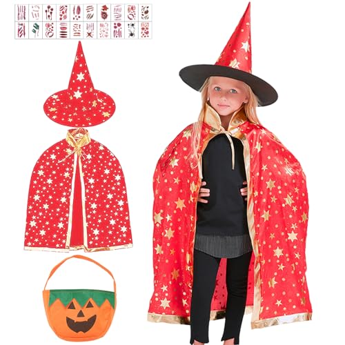 Kinder Halloween Hexenkostüm, Zauberer Umhang Mit Aufkleber, Hut, Kürbisgeschenktasche für Jungen Und Mädchen 3-12 Jahre Altes Charakter Spielen (Rot) von Leonshco