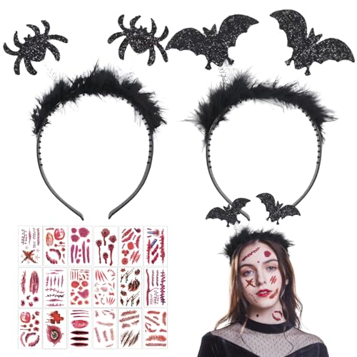 Leonshco Halloween Haarreif, 2 Stück Spinnen und Fledermaus Kopfschmuck, Schwarzer Plüsch Glitzer, Inklusive 20 Blatt Tattoo-Aufkleber für Kostümparty Cosplay Leonshco Halloween Haarreif, 2 Stück Spinnen und Fledermaus Kopfschmuck, Schwarzer Plüsch Glitzer, Inklusive 20 Blatt Tattoo-Aufkleber für Kostümparty Cosplay von Leonshco
