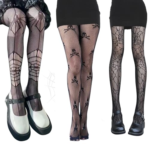 Leonshco 3 Paar Halloween Netzstrumpfhose Schwarz Fishnet Stockings Totenkopf-Spinne Nylonstrümpfe Damen Weihnachtliche Trumpfhosen Mesh-Socken Hexe Vampir Rave Mottoparty Halloween-Kostüm-Zubehör von Leonshco