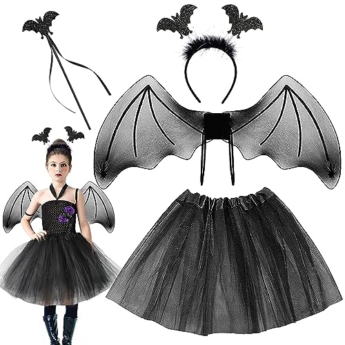 Leonshco 4 Sets Fledermaus Kostüm Kinder Halloween Kostüm Mädchen Vampir Kostüm mit Halloween Haarreif, Tutu Rock, Flügel Und Zauberstab für Die Halloween -Karnevalsrolle -Spielparty, Schwarz von Leonshco