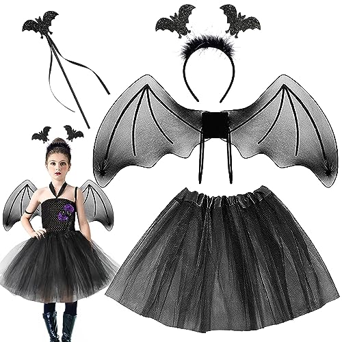 Leonshco 4 Sets Fledermaus Kostüm Kinder Halloween Kostüm Mädchen Vampir Kostüm mit Halloween Haarreif, Tutu Rock, Flügel Und Zauberstab für Die Halloween -Karnevalsrolle -Spielparty von Leonshco