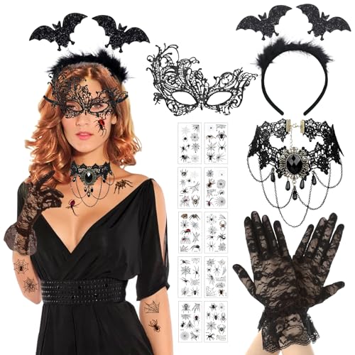 Leonshco 5 Stück Halloween Steampunk Damen Zubehör mit Spitzenhandschuhe Frauen/Venezianische Maske/Gothic Jewelry Necklace/Halloween Haarreif/Tattoo-Aufklebern für Maskerade, Cosplay, Party usw (A) Leonshco 5 Stück Halloween Steampunk Damen Zubehör mit Spitzenhandschuhe Frauen/Venezianische Maske/Gothic Jewelry Necklace/Halloween Haarreif/Tattoo-Aufklebern für Maskerade, Cosplay, Party usw (A) von Leonshco