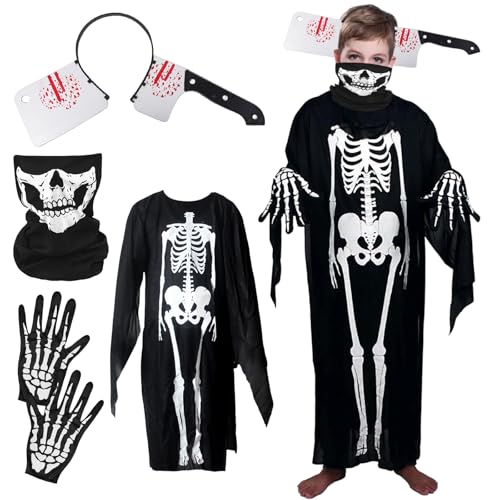 Halloween Kostüm Kinder Skelett Kostüm, Unisex Zombie Kostüm mit Handschuhe und Kopfbedeckung, Gruseliges Sensenmann Kostüm für Karneval, Day of the Dead, Mottoparty & Trick-or-Treating (120cm) Halloween Kostüm Kinder Skelett Kostüm, Unisex Zombie Kostüm mit Handschuhe und Kopfbedeckung, Gruseliges Sensenmann Kostüm für Karneval, Day of the Dead, Mottoparty & Trick-or-Treating (120cm) von Leonshco