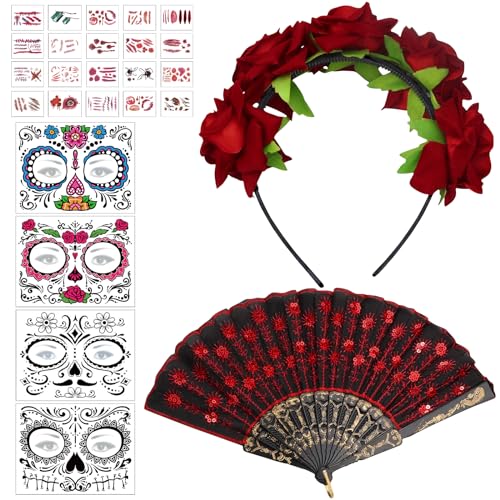 Leonshco Halloween Tag Der Toten Haarreif, Dia De Los Muertos, Mexikanisches Blumen-Haarreif, Kostüm Mit Gesichts-Tattoo Und Spitze Handfächer für Karneval Cosplay-Kostümparty von Leonshco