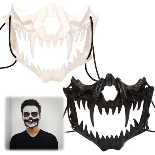 Leonshco Japanische Halloween Maske, 2 Stück Tiger Cosplay Skull Mask, Schwarz Weiß Halbgesichts Terrifier Maske, Anime Maske Therian Mask Lustige Masken, Halloween Kostüm Party Dekorationsmaske (A) von Leonshco