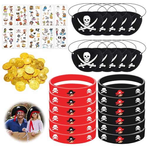 Leonshco Piraten Deko Kindergeburtstag,24 Pirat Goldmünzen,12 Augenklappe Pirat,12 Piraten Silikonarmband Kinder,Mitgebsel Kindergeburtstag,Piraten Kostüm Zubehör Für Halloween Weihnachten Party（A） von Leonshco