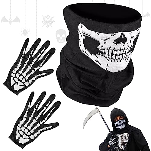 Leonshco Totenkopf Maske und Skelett Handschuhe - Schädel Gesicht Schlauch Maske für Halloween-Kostümpartys, Fahrrad, Ski und Motorrad von Leonshco