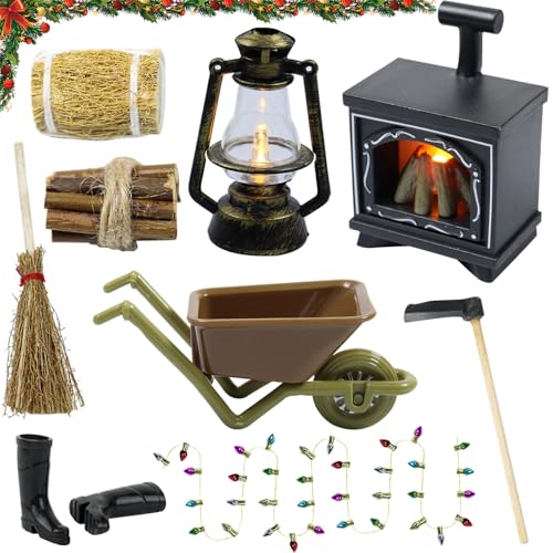 Wichtel Zubehör Weihnachten, Wichtelhaus Zubehör, Miniatur-Wichtelzubehör mit Leuchtendem Kamin, Petroleumlampe, Heuhaufen, Hacke, Gummistiefeln, Schubkarre, Besen, Brennholz, DIY Geschenk für Kinder Wichtel Zubehör Weihnachten, Wichtelhaus Zubehör, Miniatur-Wichtelzubehör mit Leuchtendem Kamin, Petroleumlampe, Heuhaufen, Hacke, Gummistiefeln, Schubkarre, Besen, Brennholz, DIY Geschenk für Kinder von Leonshco