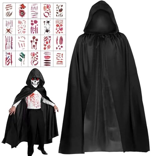 Schwarzer Umhang Kinder und Erwachsene, Mittelalterlicher Vampir Umhang, Halloween Umhang mit Kapuze, Cosplay-Zubehör mit Narbenaufklebern, für Halloween-Partys, Kostümpartys, Familienfeiern (90 Cm) von Leonshco