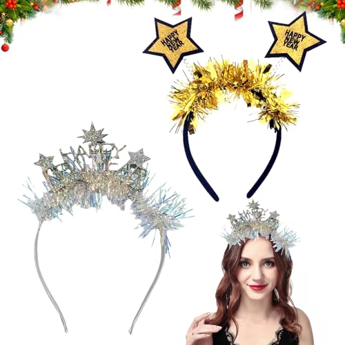 Silvester Haarreif Sterne, 2 Stück Happy New Year Haarreif Silvester Deko, Glitzer Haarreif Silvesterdeko Foto Requisite Silvester Kopfschmuck, New Year Decoration Zubehör Für Kinder Erwachsene von Leonshco