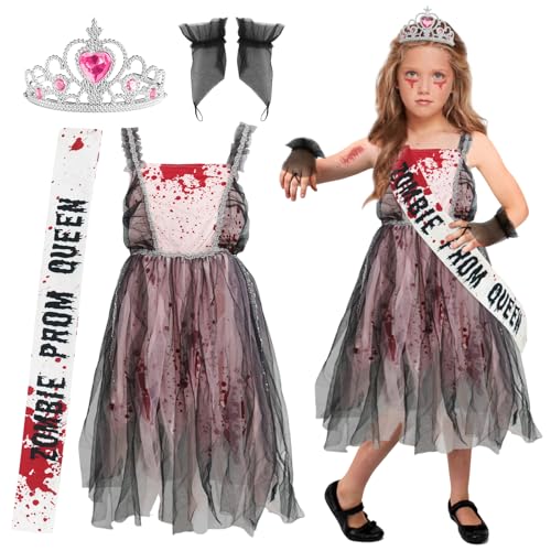 Zombie Braut Kostüme, Zombie Kostüm Kinder, Horror Blutiges Geisterbraut Costume mit Krone, Schulterträgern, Halloween Kostüm Mädchen Geeignet für Karneval, Rollenspiele und Mottoparty (M, 7-9 Jahre) von Leonshco
