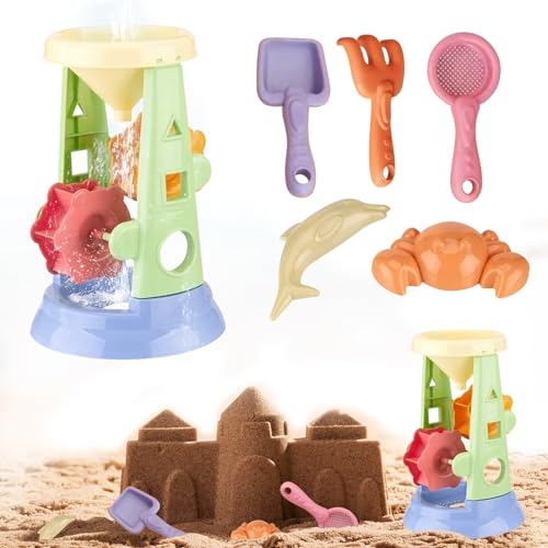 Lergas Sandspielzeug Set, Strandspielzeug Kinder, 6 Stück Sandkasten Spielzeug mit Wassermühle, Schaufel, Rechen, Sieb und Sandförmchen, Outdoor Sandspielzeug für Kinder ab 1 Jahr von Lergas