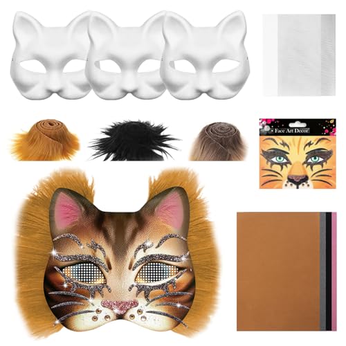 Tiermasken zum Bemalen, DIY Papier Maske mit Kuns Fell und Mullnetze, 3 Stück Therian Mask, Weiße Katzenmaske, Gesichtsmasken Selber Machen Tiermaske Set für Maskenball Halloween Cosplay Karneval (D) Tiermasken zum Bemalen, DIY Papier Maske mit Kuns Fell und Mullnetze, 3 Stück Therian Mask, Weiße Katzenmaske, Gesichtsmasken Selber Machen Tiermaske Set für Maskenball Halloween Cosplay Karneval (D) von Lergas
