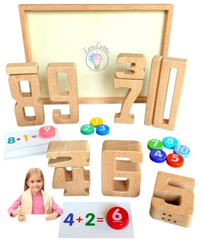 Holz Lernzahlen mit Rechenkarten – Montessori Rechenspiel ab 4 5 Jahren – Zählspiel mit Holzzahlen & Chips – Pädagogisches Lernspiel für Vorschule & 1. Klasse von LernLichter