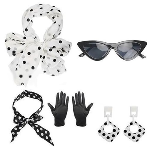 Lerpwige 5pieces Rockabilly Accessoires 1950er Kostüm Set Mit Schalflecken Stirnband Katzen Augenbrillen Handschuhe 1950er Kleidungsstücke Halloween Cosplay Kostüme von Lerpwige