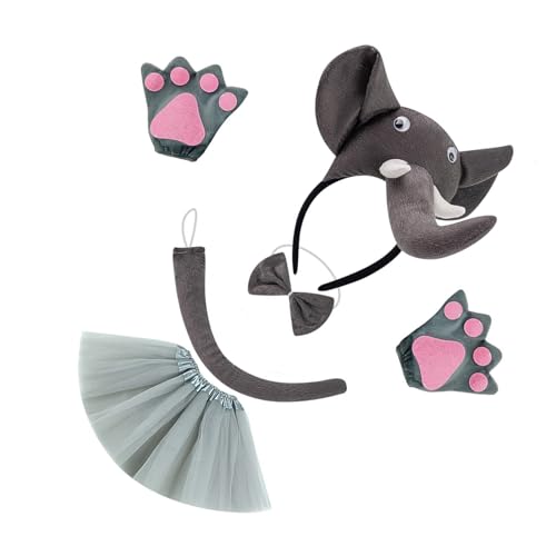 Lerpwige Elefanten-Kostüm-Set, Elefantenohren und Schwanz, Schleife, Handschuh, Tutus, Tier-Kostüm, Zubehör für Halloween, Cosplay, Halloween, Cosplay, Herren von Lerpwige