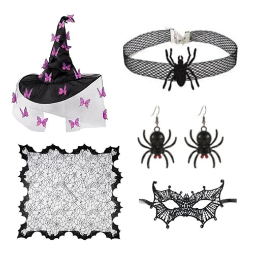 Lerpwige Frauen Hexenkostüm Hexenhut Halskette Ohrringe Augenmaske Erwachsene Halloween Hexe Kostümzubehör Für Cosplay von Lerpwige