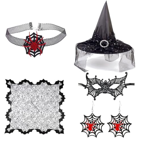 Lerpwige Women Hexenhut Mit Augenmaske Halskette Ohrringe Frauen Hexen Kostüm Cosplay Accessoire Für Halloween Masquerade von Lerpwige