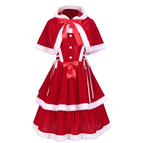 leryveo Damen-Weihnachtskleid | Samt-Weihnachtsmann-Kleid mit Umhang - Weihnachtskostüme aus samtrotem Umhang-Set für Kinder, Mädchen, Weihnachtsfeier von leryveo