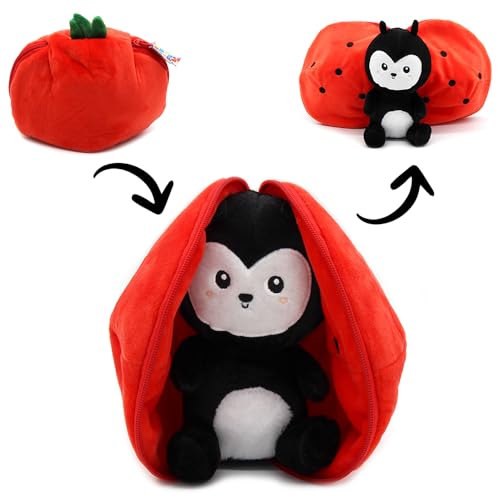 Les Déglingos Flipetz Kuscheltier Comet der Marienkäfer/Tomate – Versteckdecke wendbar – sehr weiches Plüschtier für Babys – Geschenkideen zur Geburt von Les Déglingos®