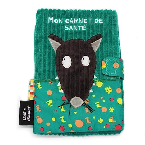 Les Deglingos Schutzhülle für U-Heft LOUP x Les Déglingos – Grün – Klettverschluss – verspielt – Geschenk für Kinder und Babys – weicher Stoff, peluchfarben, 25 x 18 cm von Les Déglingos®