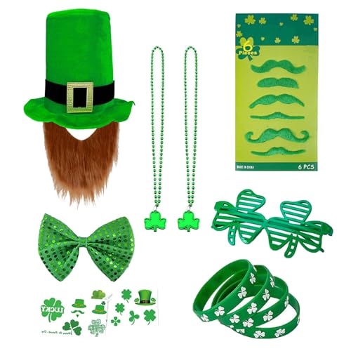12-teiliges St. Patrick's Day-Kostüm-Zubehör-Set beinhaltet Kobold-Hut mit Bart, irisches Festival-Kostüm-Accessoire mit Perlenkette, Krawatte, Glücksarmband, Kleebrille, Aufkleber von Les-Theresa