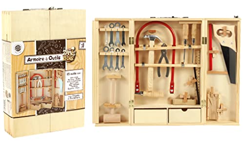 PLANÈTE BOIS - Holzwerkzeugkasten mit echten Werkzeugen - FSC - 098927-25 Teile - Beige - Holz - Kinderspiel - Montessori - Motorik - Basteln - 26 cm x 40 cm - Ab 8 Jahren von PLANÈTE BOIS