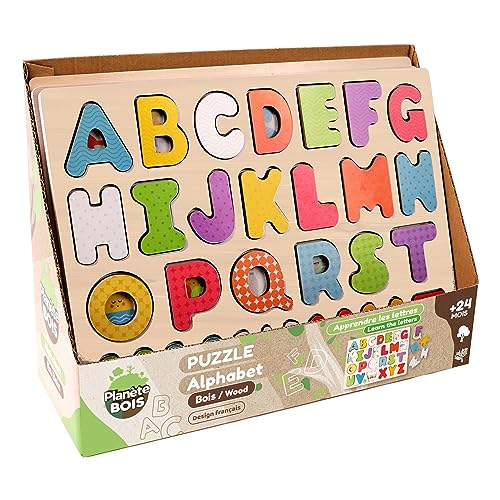 PLANÈTE Bois - Alphabet-Puzzle - FSC - Lernspiel - Erste Überlegungen - 052462A - 26 Teile - Mehrfarbig - Holz - Kinderspiel - Kinderpuzzle - 30 cm x 22,5 cm - Ab 2 Jahren von Les Zamibois