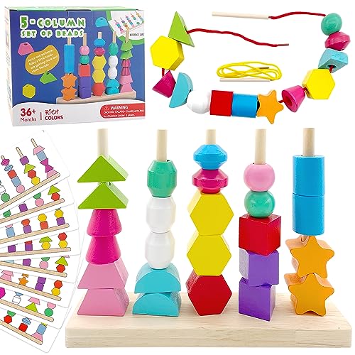 Lets Joy 2-in-1 Montessori Spielzeug Stapelspiel, Montessori Spielzeug ab 3 4 5 Jahre, Fädelspiel Holzspielzeug Sortierspiel, Feinmotorik Spielzeug, Bausteine Sortierspiel für Kinder Geschenk von Lets Joy