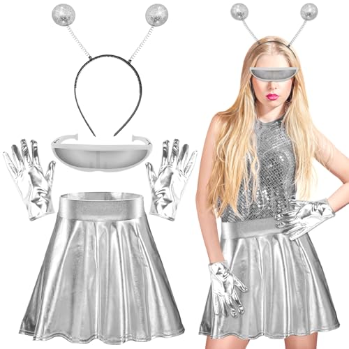 Lets Joy 4 Stück Alien Kostüm Set, Alien Costume Accessory, Alien Kostüm Zubehör, Alien Stirnband Glasses Gloves, Silber Faltenrock Glänzend, Space Kostüm Karneval Costume Kostümparty Cosplay von Lets Joy