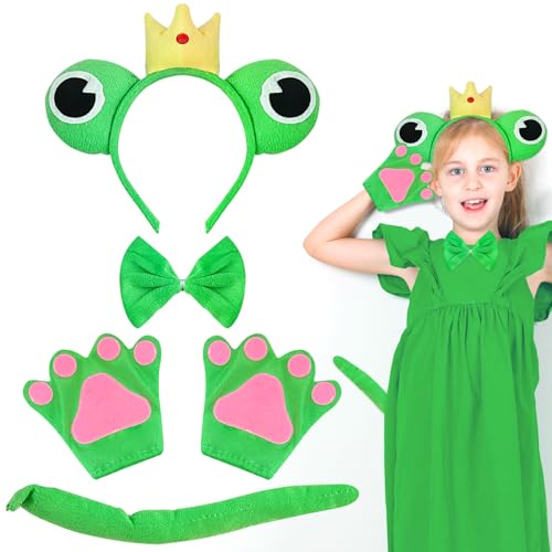Lets Joy 5 Stück Frosch Kostüm Zubehör, Frosch Cosplay Set, Frosch Kostüm Erwachsene Kinder, Frosch König Haarreifen, Frosch Stirnband Handschuhe Froschschwanz Fasching Karneval Accessoire von Lets Joy