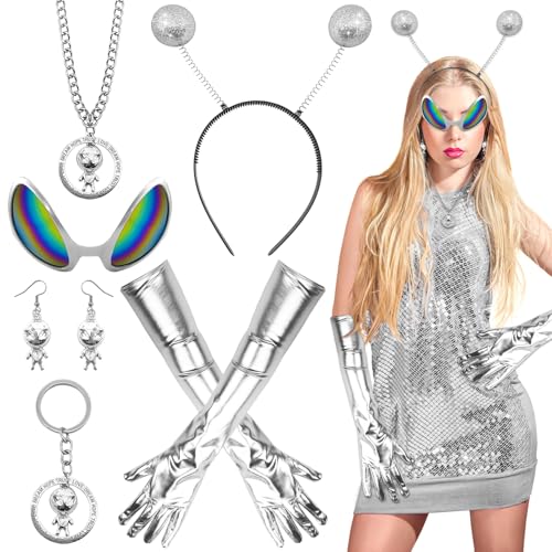 Lets Joy 6-Teiliges Alien Kostüm Set, Alien Kostüm Damen Zubehör, Glitzer Alien Haarreif, Alien Costume Accessory, Alien Glasses Earrings Headband Silber Handschuhe, Alien Cosplay Carnival Party von Lets Joy