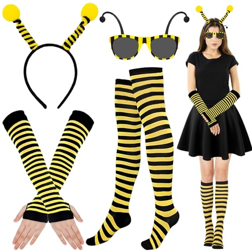 Lets Joy 6 Stück Marienkäfer Kostüm Set, Biene Kostüm, Bienenkostüm Erwachsene, Bienen Kostümzubehör, Bee Haarreif Marienkäfer Sonnenbrille, Fingerlose Handschuhe Überkniestrümpfe Karneval Cosplay von Lets Joy