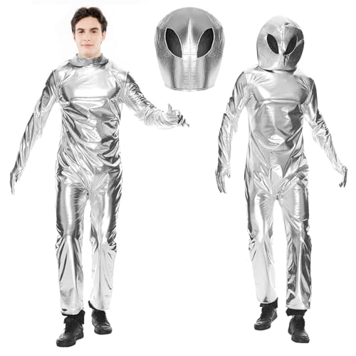 Lets Joy Alien Astronaut Kostüm, Alien Kostüm Erwachsene, Karneval Alien Weltall Set, Alien Maske, Alien Jumpsuit+Alien Vollkopfmaske, Alien Weltall Cosplay Party, Karneval Kostüm Mottoparty (L) von Lets Joy
