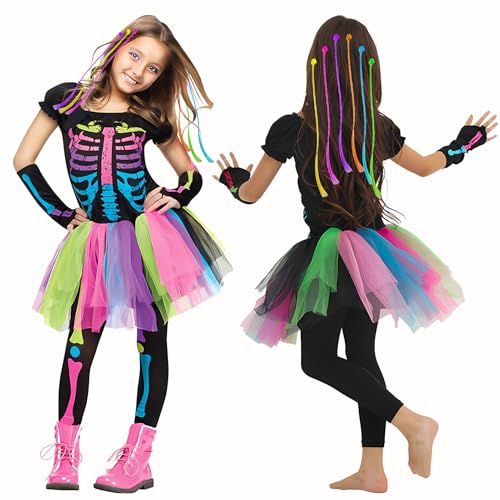 Lets Joy Buntes Skelett Kleid Set, Halloween Hexenkostüm Mädchen, Kostüm für Kinder, Gruseliges Sensenmann Kostüm Mit Buntes Perücken, Halloween Karneval Cosplay Kinder (S-(110-120)cm) Lets Joy Buntes Skelett Kleid Set, Halloween Hexenkostüm Mädchen, Kostüm für Kinder, Gruseliges Sensenmann Kostüm Mit Buntes Perücken, Halloween Karneval Cosplay Kinder (S-(110-120)cm) von Lets Joy