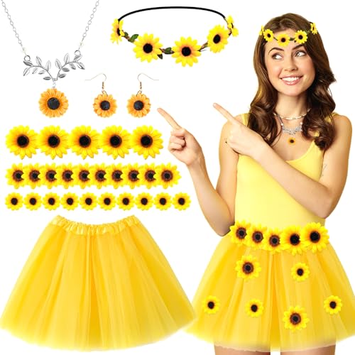 Lets Joy Damen Sonnenblumen Kostüm, Sonnenblumen Kostüm Accessoires Set, Sonnenblumen Headband, Sonnenblumen Blütenköpfe, Tutu Skirt Halskette Earrings Zubehör, Karneval Copslay Party von Lets Joy