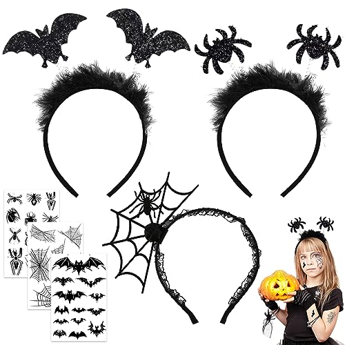 Lets Joy Fledermaus Haarreif, 3PCS Fasching Haarreif, 3PCS Karneval Temporäre Tattoos, Spinne Haarreif, Spinnweben Stirnband, Spinne Spinnweben Fledermaus Horror Spinne Tattoos von Lets Joy