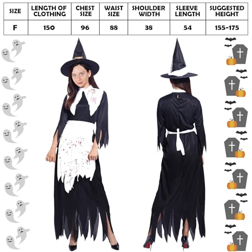 Lets Joy Horror Nonne Kostüm, Halloween Nonnen Kostüm Damen, Halloween Zombie Heisterbraut Kostüm, Halloween Horror Kostüm mit Hexenhut Spitzmütze, Geisterbraut Zombie Kostüm Cosplay von Lets Joy