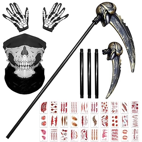 Lets Joy Halloween Sensen Set, Sensenmann Sense, Requisiten Sense, Halloween Scars Tattoos, Narben Temporäre Tattoos, Skeletthandschuhe Maske, Halloween Kostümpartys Accessoire von Lets Joy