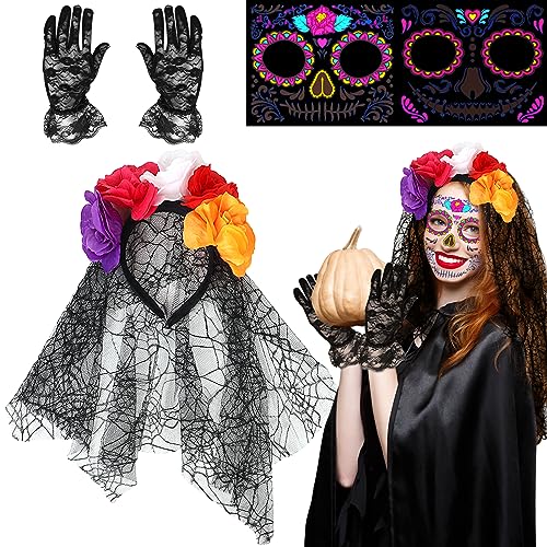 Lets Joy 4PCS Halloween Tag der Toten Haarreif Set, Stirnband Rosen Haarband, Tag der Toten Schleier Halloween, Totenkopf Haarreif Rose Stirnband, Spitzenhandschuhe Temporäre Gesicht Tattoos von Lets Joy