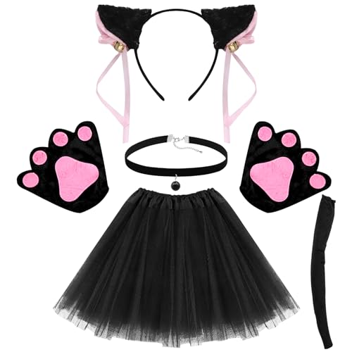 Lets Joy Katze Kostüm Damen, 6 Stück Katzen Kostüm Mädchen Set, Katze Cosplay Set, Schwarz Katzenkostüm, Katzenohren Stirnband, Katzenschwanz Pfoten Halsband Tüllrock Schleife Mädchen Karneval Party von Lets Joy