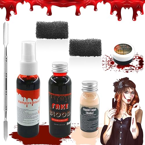 Lets Joy Kunstblut Halloween, Kunstblut 60 ml, Kunstblut Blutspray 60 ml, Kunstblut Blutcreme 30g, Flüssiges Latex 30 ml, 1 Spatel und 2 Make up Schwamm, Zombie Make up Set, Auswaschbar Kunstblut von Lets Joy