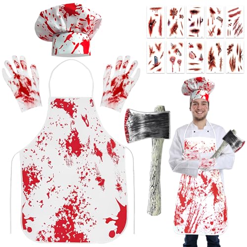 Lets Joy Metzger Kostüm Halloween Set, Blutige Schürze Verkleiden Metzger Kostüm, 1 Blutige Schürze+2 Handschuhen+10 Narben Wunden Aufkleber+ 1 Hut+1 Axt, Fasching Karneval Halloween Lets Joy Metzger Kostüm Halloween Set, Blutige Schürze Verkleiden Metzger Kostüm, 1 Blutige Schürze+2 Handschuhen+10 Narben Wunden Aufkleber+ 1 Hut+1 Axt, Fasching Karneval Halloween von Lets Joy