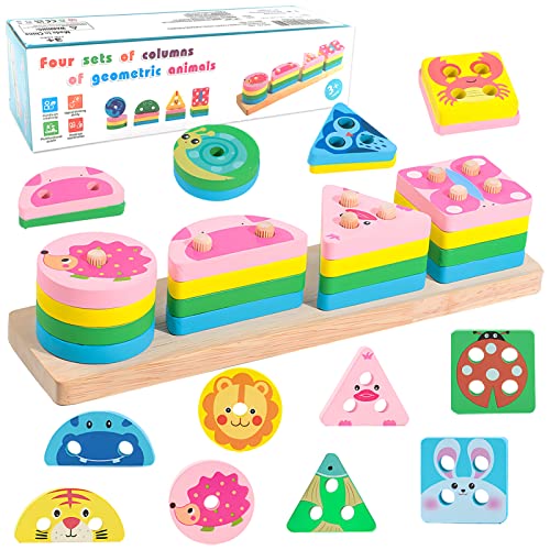 Lets Joy Montessori Spielzeug ab 1 2 3 Jahre, Sortier und Stapelspielzeug aus Holz für Kleinkinder, Stapelspielzeug Farben Formen, Pädagogisches sensorisches Spielzeug, Shape Sorter von Lets Joy