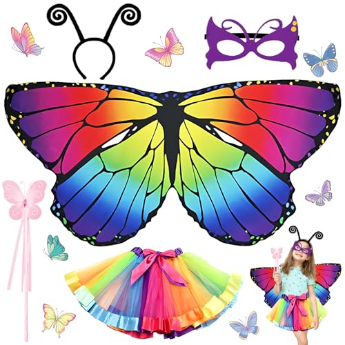 Lets Joy Schmetterling Kostüm Kinder, 5 Stück Schmetterling Kostüm Set, Schmetterlingsflügel Kinder, Butterfly Costume, Schmetterling Flügel mit Maske Tüllrock Haarreif Feenstab von Lets Joy