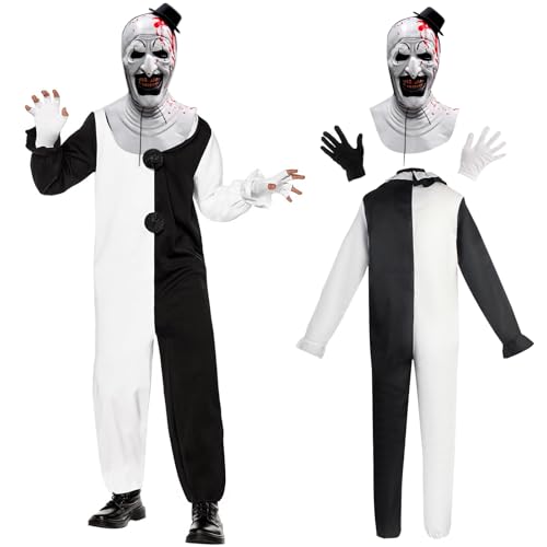Lets Joy Terrifier Horror Clown Halloween Kostüm, Scary Killer Clown Kostüm Erwachsene Verkleidung Gruselige Maske Handschuhe, Halloween Cosplay Movie Killer Terrifier Schwarz Weiß Jumpsuit (XL) von Lets Joy