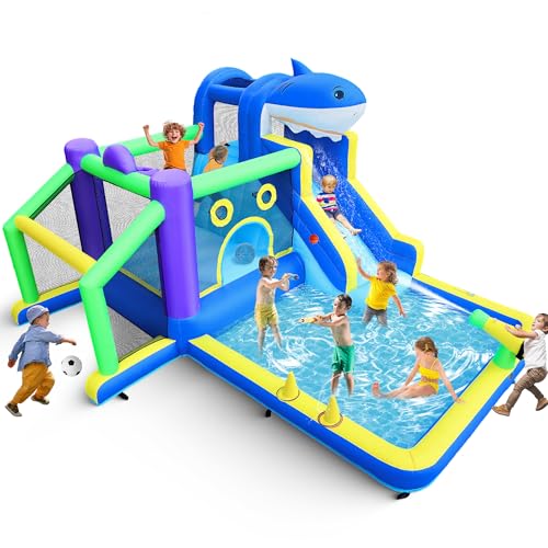 10-in-1 Aufblasbare Bounce House Wasserrutsche für Kinder, 13.3x11.3FT Großer Kleinkindpark mit Splash Pool, Springen, Kletterwand, Wasserkanone, Korb, Fußballbereich, Ballschießen, 450W Luftgebläse 10-in-1 Aufblasbare Bounce House Wasserrutsche für Kinder, 13.3x11.3FT Großer Kleinkindpark mit Splash Pool, Springen, Kletterwand, Wasserkanone, Korb, Fußballbereich, Ballschießen, 450W Luftgebläse von Letsgoride