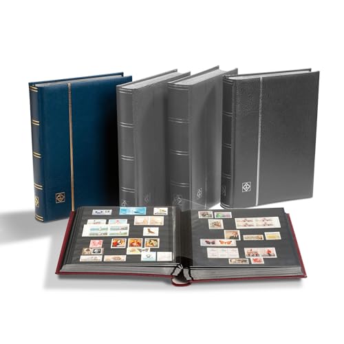 Briefmarken-Sammel-Album, Einsteckbuch Premium, DIN A4, 64 schwarze Seiten, wattierter Ledereinband, blau von Leuchtturm